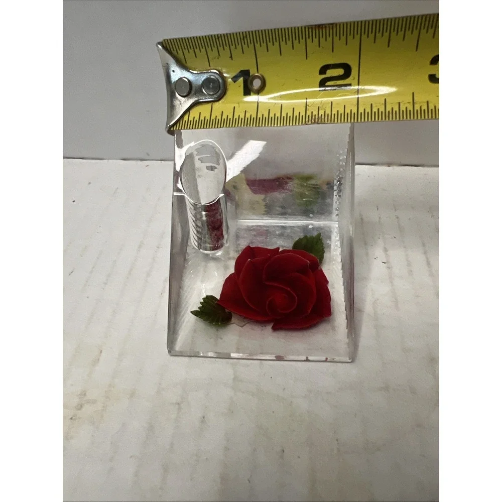 Vtg Bircraft Lucite & carved Red Rose PEN HOLDER 1950s